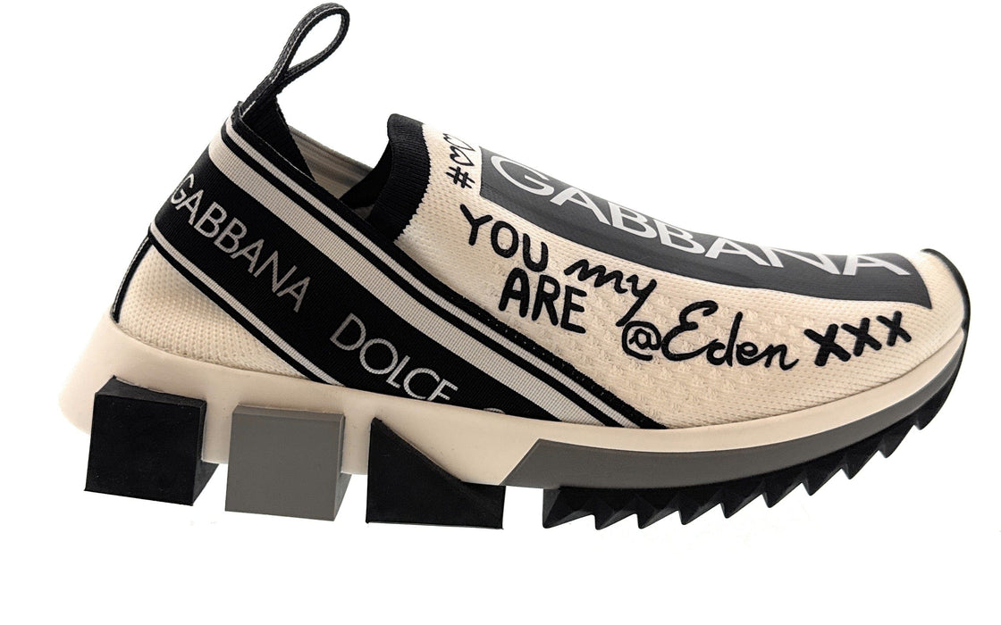 Dolce & Gabbana White/Black Logo Knit Slip On Sneakers-EU35.5