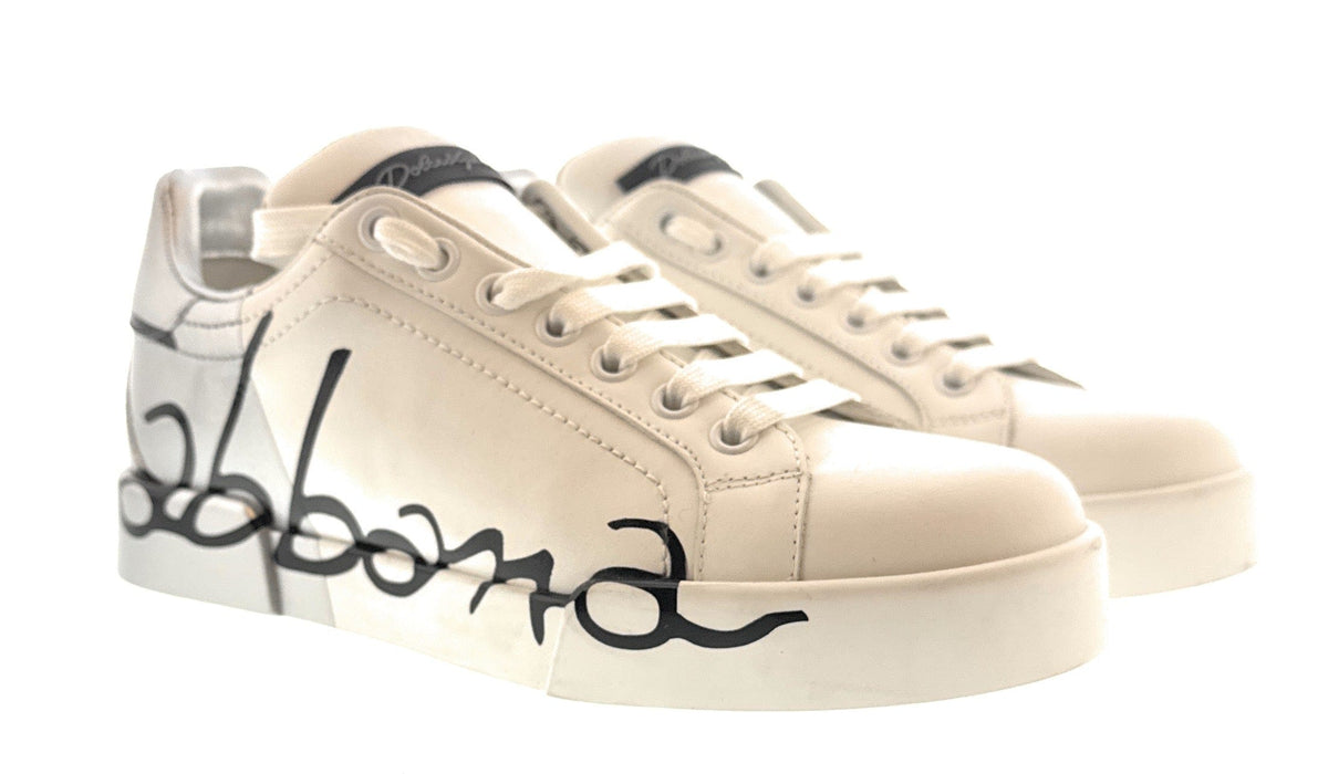 Dolce & Gabbana White Graffiti Logo Leather Sneakers-EU35.5