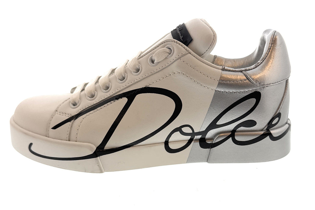 Dolce & Gabbana White Graffiti Logo Leather Sneakers-EU35.5