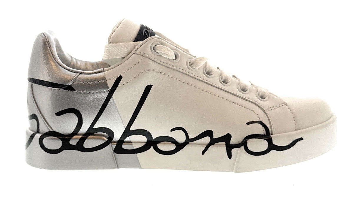 Dolce & Gabbana White Graffiti Logo Leather Sneakers-EU35.5