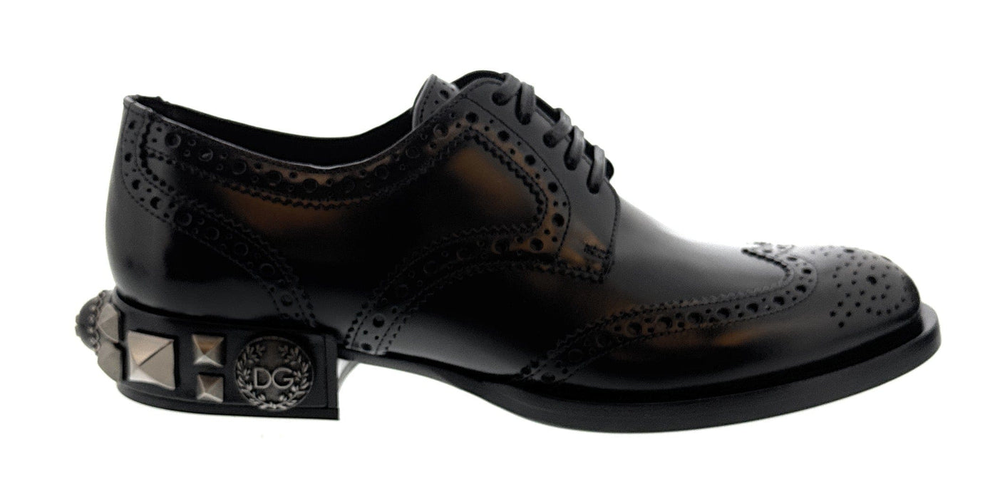 Dolce & Gabbana Men's Black Leather Oxford Brogue Dress Shoes with DG Logo Heel-EU36.5