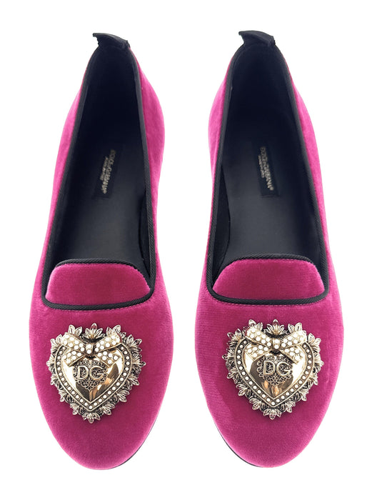 Dolce & Gabbana Women's Burgundy Velvet Loafers with Sacred Heart Embellishment-EU36