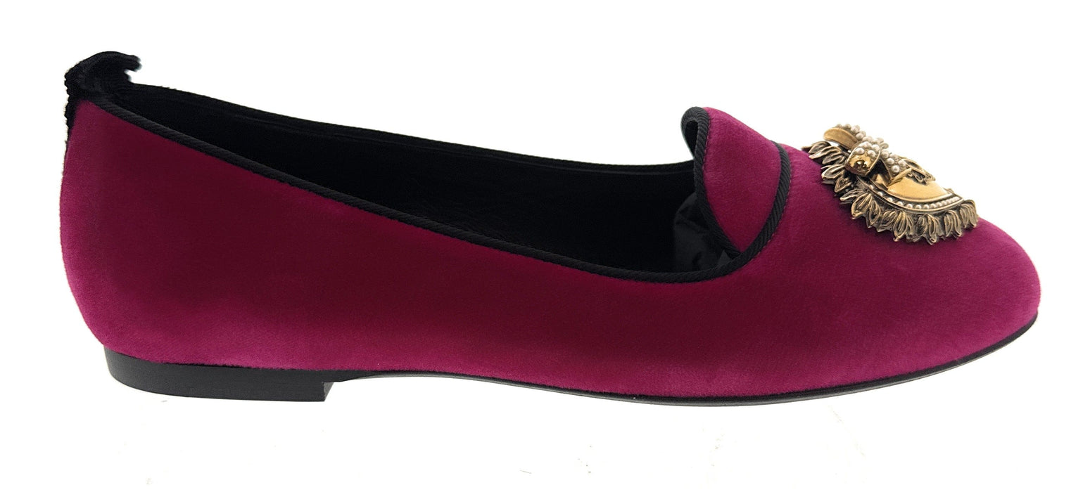 Dolce & Gabbana Women's Burgundy Velvet Loafers with Sacred Heart Embellishment-EU36