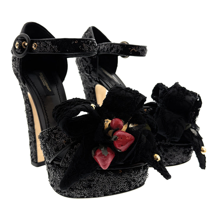Dolce & Gabbana Women's Black Sequin Strawberry Embellished Platform Heels-EU36.5