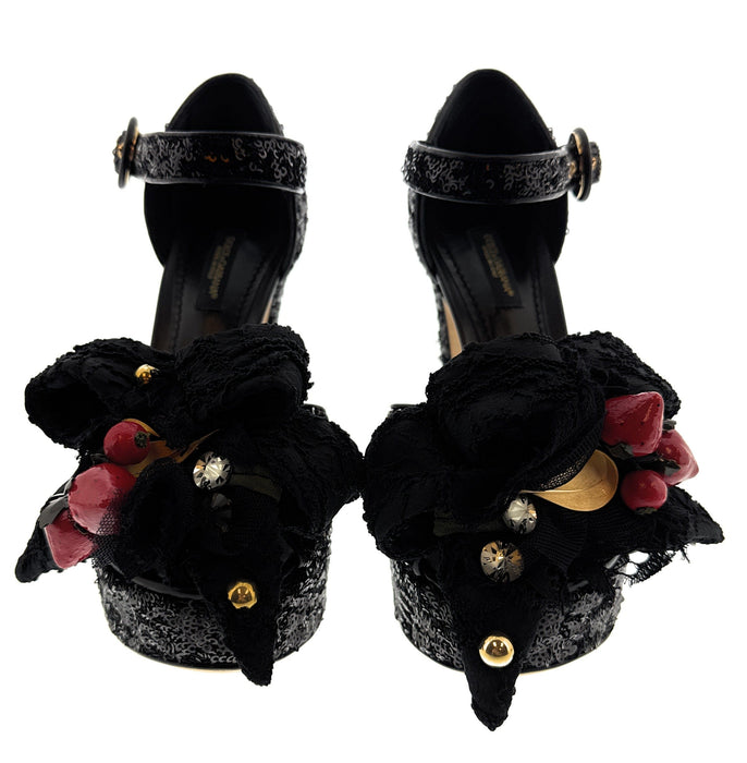 Dolce & Gabbana Women's Black Sequin Strawberry Embellished Platform Heels-EU36.5