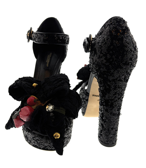 Dolce & Gabbana Women's Black Sequin Strawberry Embellished Platform Heels-EU36.5