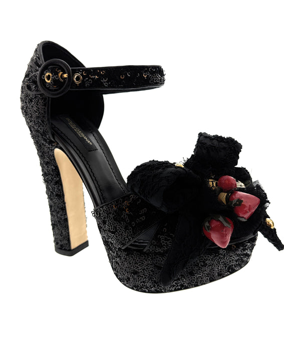 Dolce & Gabbana Women's Black Sequin Strawberry Embellished Platform Heels-EU36.5