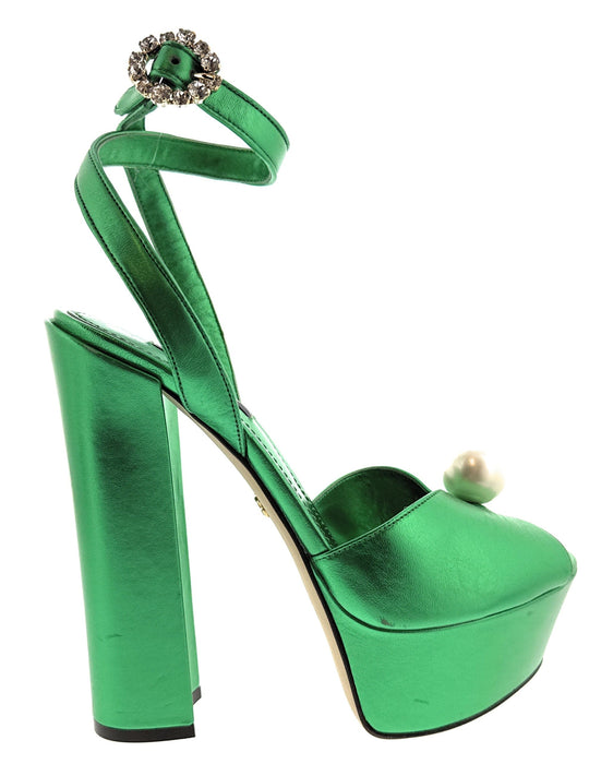Dolce & Gabbana Green Block Heel Platform Pearl Embellished Sandal-38