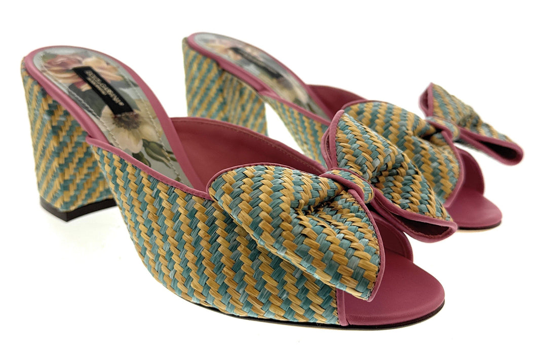 Dolce & Gabbana Multicolor Woven Raffia Bow Slide Sandals — Summer Resort Heels-EU39.5