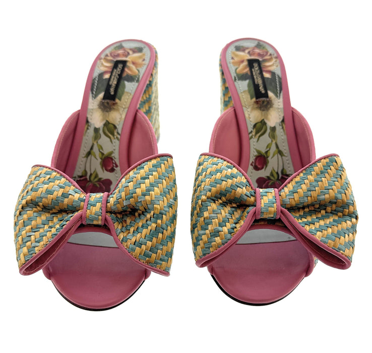 Dolce & Gabbana Multicolor Woven Raffia Bow Slide Sandals — Summer Resort Heels-EU39.5