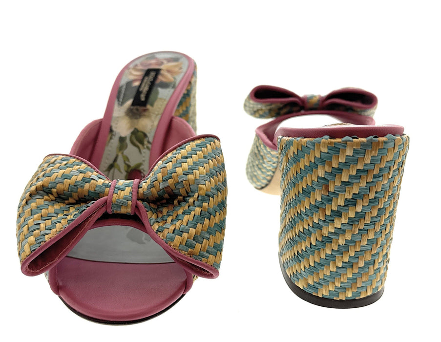 Dolce & Gabbana Multicolor Woven Raffia Bow Slide Sandals — Summer Resort Heels-EU39.5