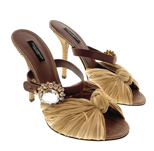 Dolce & Gabbana Brown Raffia Jewelled Stiletto Heel Slides-39