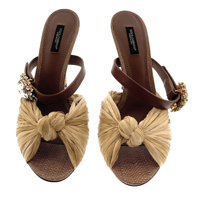 Dolce & Gabbana Brown Raffia Jewelled Stiletto Heel Slides-39