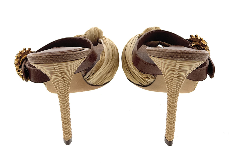 Dolce & Gabbana Brown Raffia Jewelled Stiletto Heel Slides-39