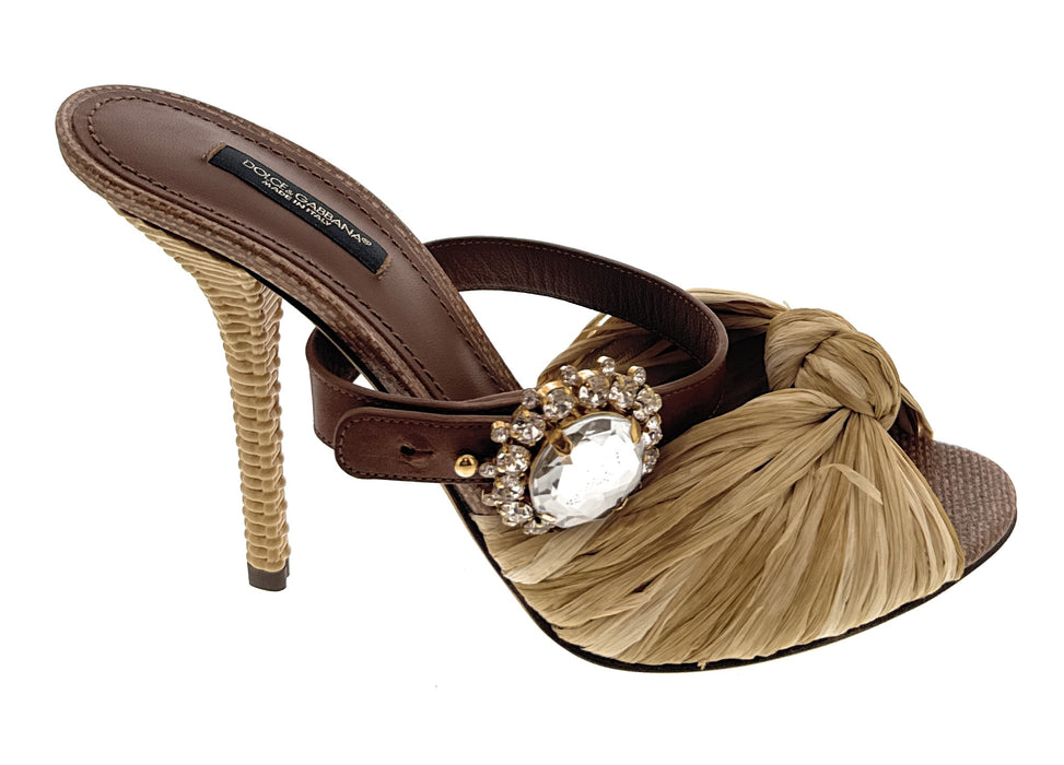 Dolce & Gabbana Brown Raffia Jewelled Stiletto Heel Slides-39