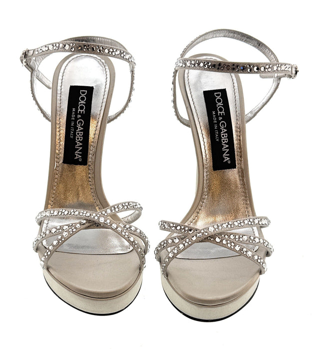 Dolce & Gabbana Crystal-Embellished Silver Platform Sandals
-EU38