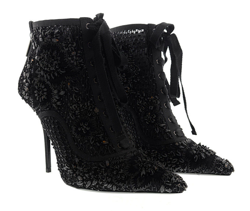 Dolce & Gabbana Black Bejewelled Lace Up Stilleto Booties-36