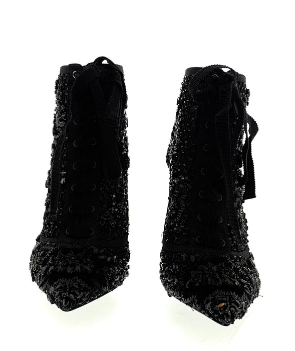 Dolce & Gabbana Black Bejewelled Lace Up Stilleto Booties-36