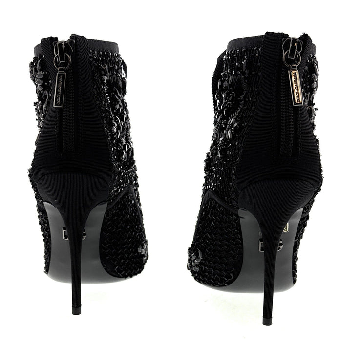 Dolce & Gabbana Black Bejewelled Lace Up Stilleto Booties-36