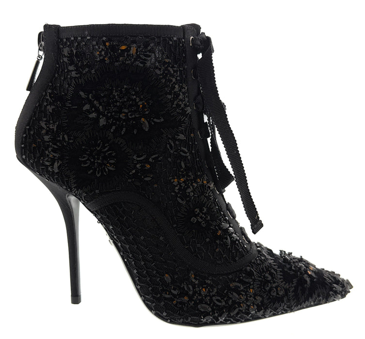 Dolce & Gabbana Black Bejewelled Lace Up Stilleto Booties-36