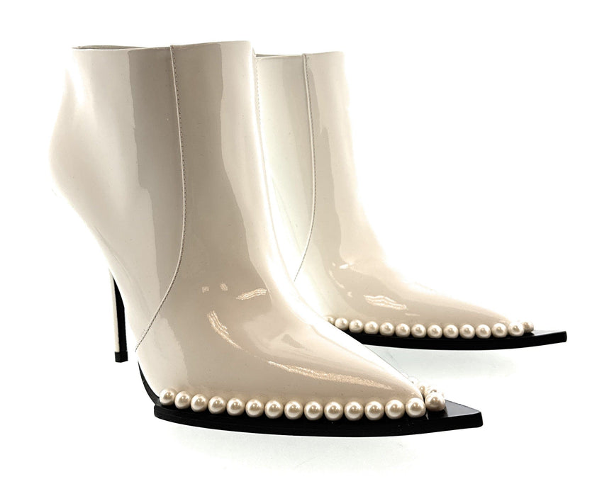Dolce & Gabbana White Patent Pearl-Trimmed Ankle Boots
-EU35.5
