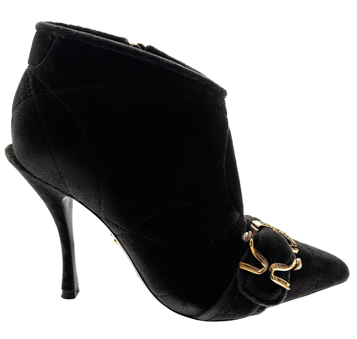 Dolce & Gabbana Quilted Black Velvet Ankle Boots with Baroque Buckle
-EU36