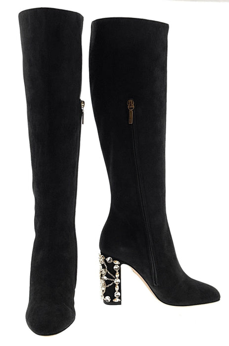 Dolce & Gabbana Black Suede Knee-High Boots with Jeweled Block Heel
-EU36