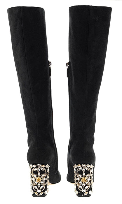 Dolce & Gabbana Black Suede Knee-High Boots with Jeweled Block Heel
-EU36