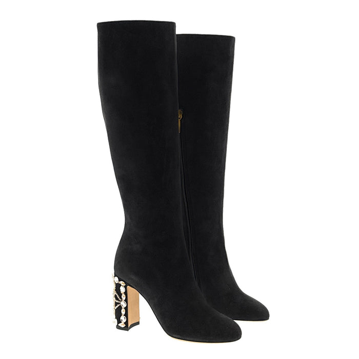 Dolce & Gabbana Black Suede Knee-High Boots with Jeweled Block Heel
-EU36