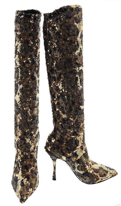 Dolce & Gabbana Sequin Embellished Leopard Knee-High Stiletto Boots
-EU39.5