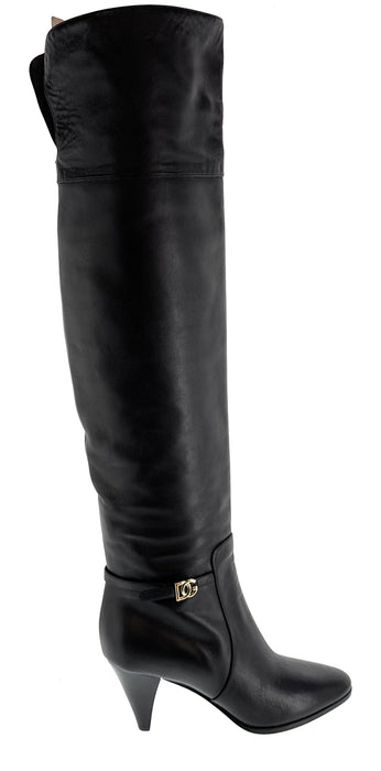 Dolce & Gabbana Classic Black Leather Mid-Heel Knee Boots
-EU39