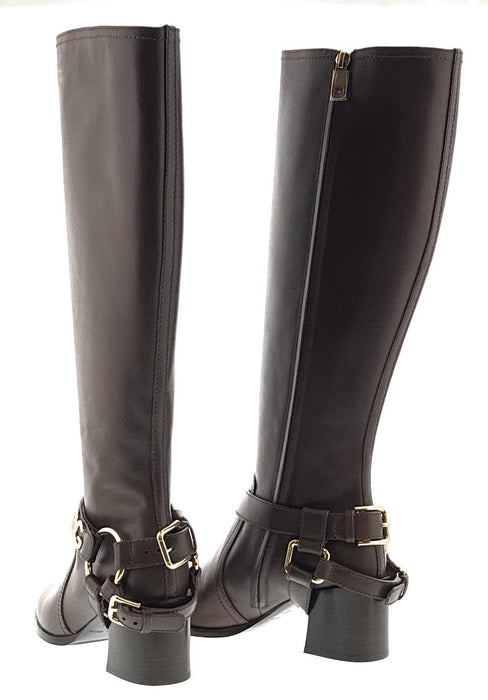 Dolce & Gabbana Brown Leather Riding Boots with Gold DG Harness Detail
-EU36