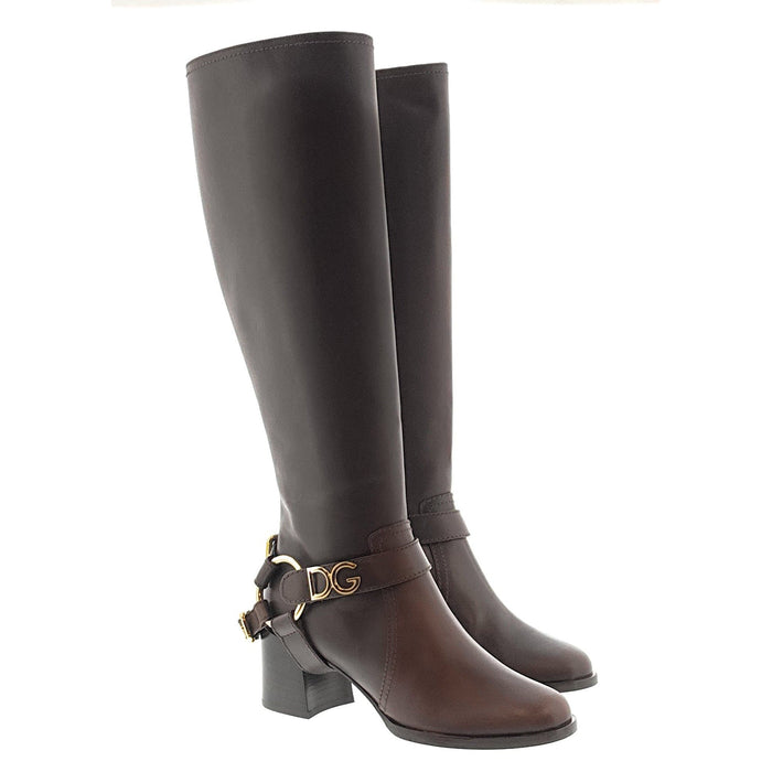 Dolce & Gabbana Brown Leather Riding Boots with Gold DG Harness Detail
-EU36