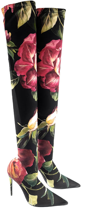 Dolce & Gabbana Black Stretch Floral Thigh-High Boots-EU39.5