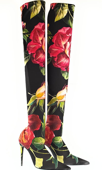 Dolce & Gabbana Black Stretch Floral Thigh-High Boots