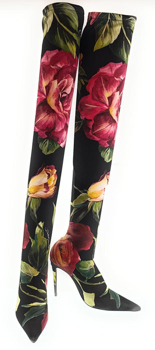 Dolce & Gabbana Black Stretch Floral Thigh-High Boots