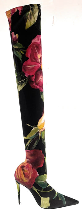 Dolce & Gabbana Black Stretch Floral Thigh-High Boots