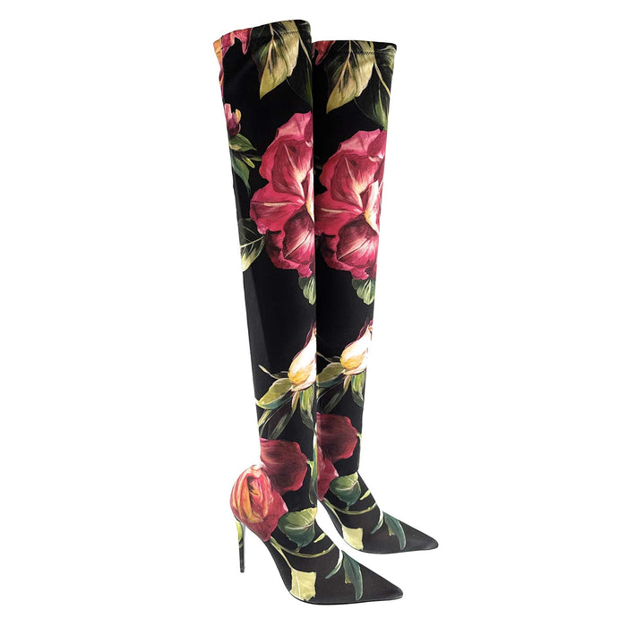 Dolce & Gabbana Black Stretch Floral Thigh-High Boots