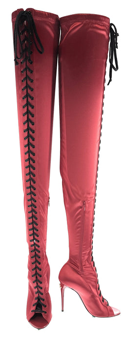 Dolce & Gabbana Red Satin Lace-Up Thigh-High Peep-Toe Boots
-EU41