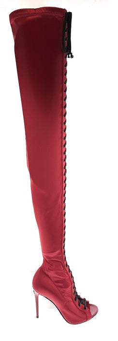 Dolce & Gabbana Red Satin Lace-Up Thigh-High Peep-Toe Boots
-EU41