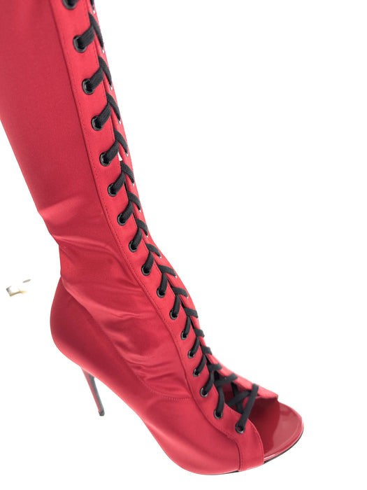 Dolce & Gabbana Red Satin Lace-Up Thigh-High Peep-Toe Boots
-EU41