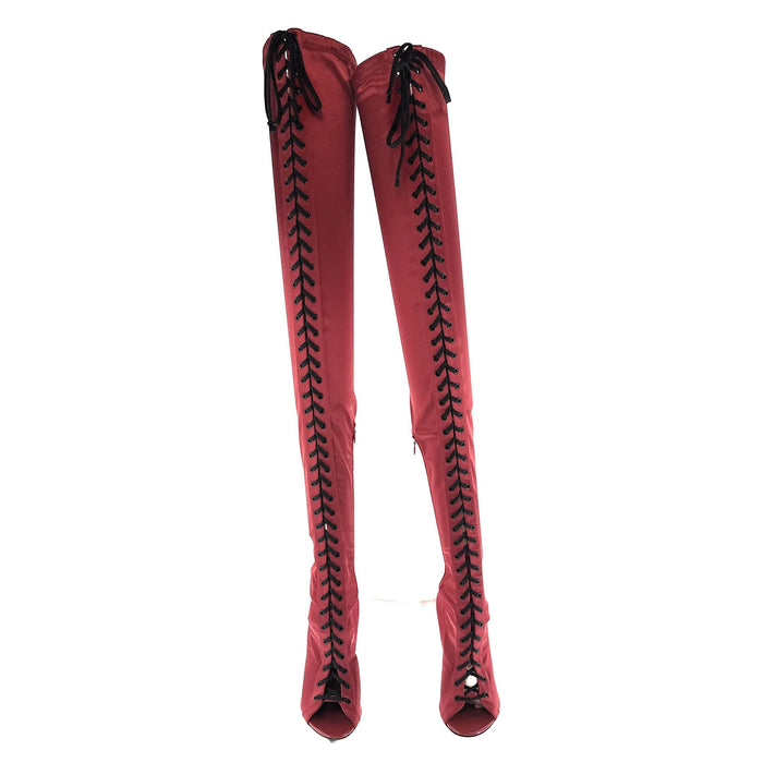 Dolce & Gabbana Red Satin Lace-Up Thigh-High Peep-Toe Boots
-EU41