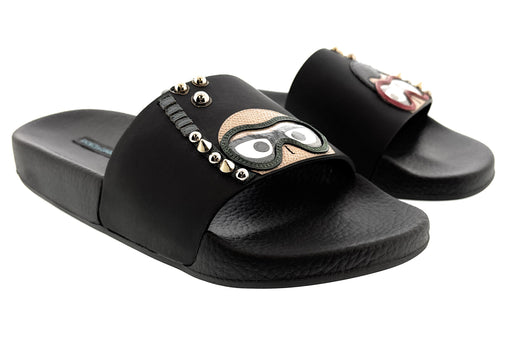Dolce & Gabbana Black Cartoon-Detail Slides with Stud Embellishments
-EU38
