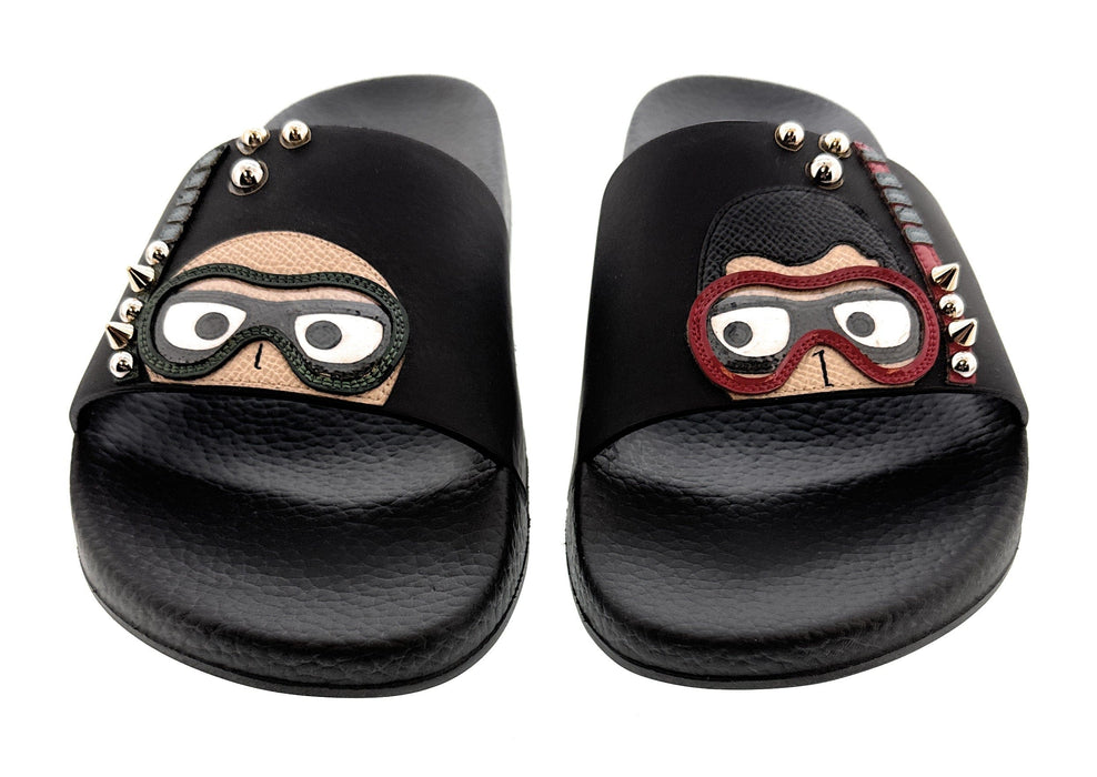 Dolce & Gabbana Black Cartoon-Detail Slides with Stud Embellishments
-EU38