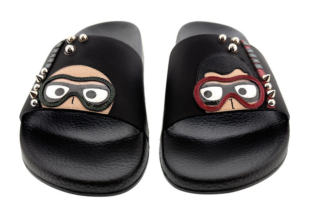 Dolce & Gabbana Black Cartoon-Detail Slides with Stud Embellishments
-EU38