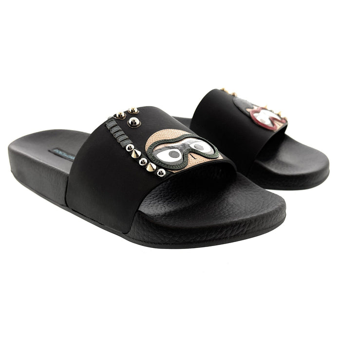 Dolce & Gabbana Black Cartoon-Detail Slides with Stud Embellishments
-EU38
