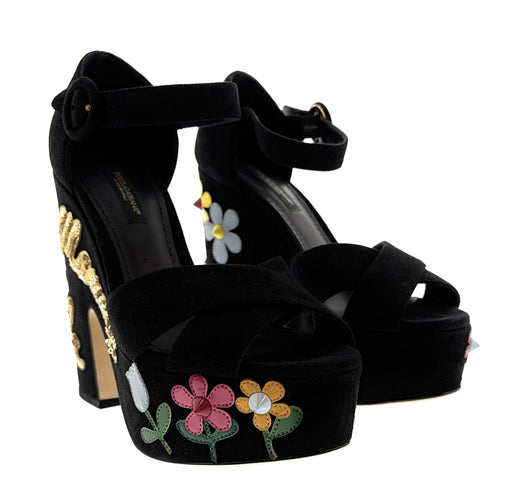 Dolce & Gabbana Floral Embellished Black Velvet Platform Sandals
-EU35