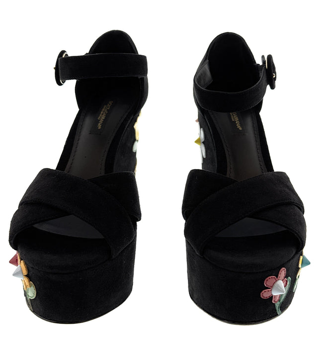 Dolce & Gabbana Floral Embellished Black Velvet Platform Sandals
-EU35