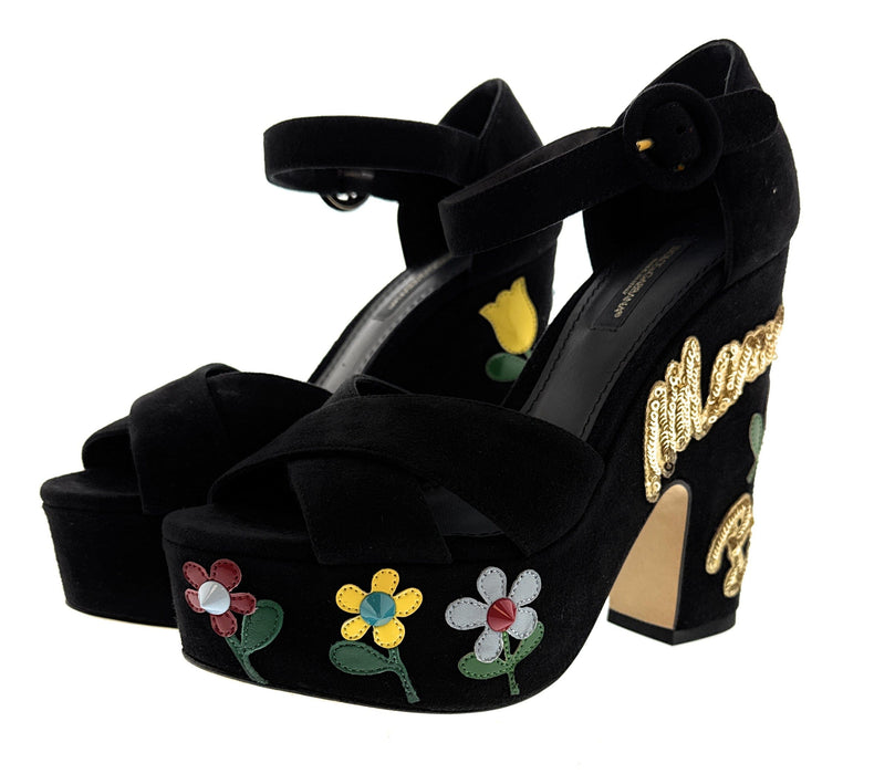 Dolce & Gabbana Floral Embellished Black Velvet Platform Sandals
-EU35