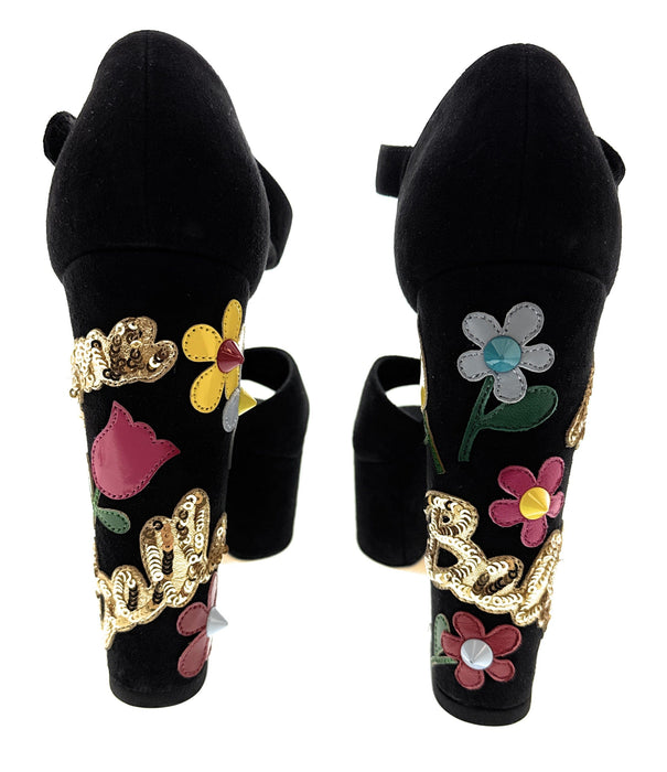 Dolce & Gabbana Floral Embellished Black Velvet Platform Sandals
-EU35
